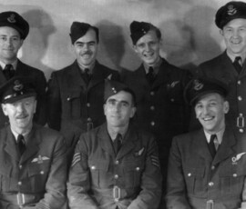 The J. (Jake) Thompson crew of 432 Squadron Back row: F/O A. Borland RCAF, Bomb aimer: P/O R. Thomson RCAF, Mid-upper gunner; Sgt W. Worthington RCAF, Rear gunner; F/O S. Harrison RCAF, Wireless Op. Front row: F/Lt J. Thompson RCAF, Pilot; Sgt J. Sorrell RAF, Flight Engineer; F/O J. Serne RCAF, Navigator. This crew was shot down over Chemnitz on February 14/15, 1945 by a JU-88, while on return. W. (Bill) Worthington did not fly this operation as he was in base hospital at East Moor. He was replaced by F/Sgt R. Stringer in the rear turret on that night, and ended the war as a POW. Photo graciously supplied by Bill Worthington, Rear gunner.